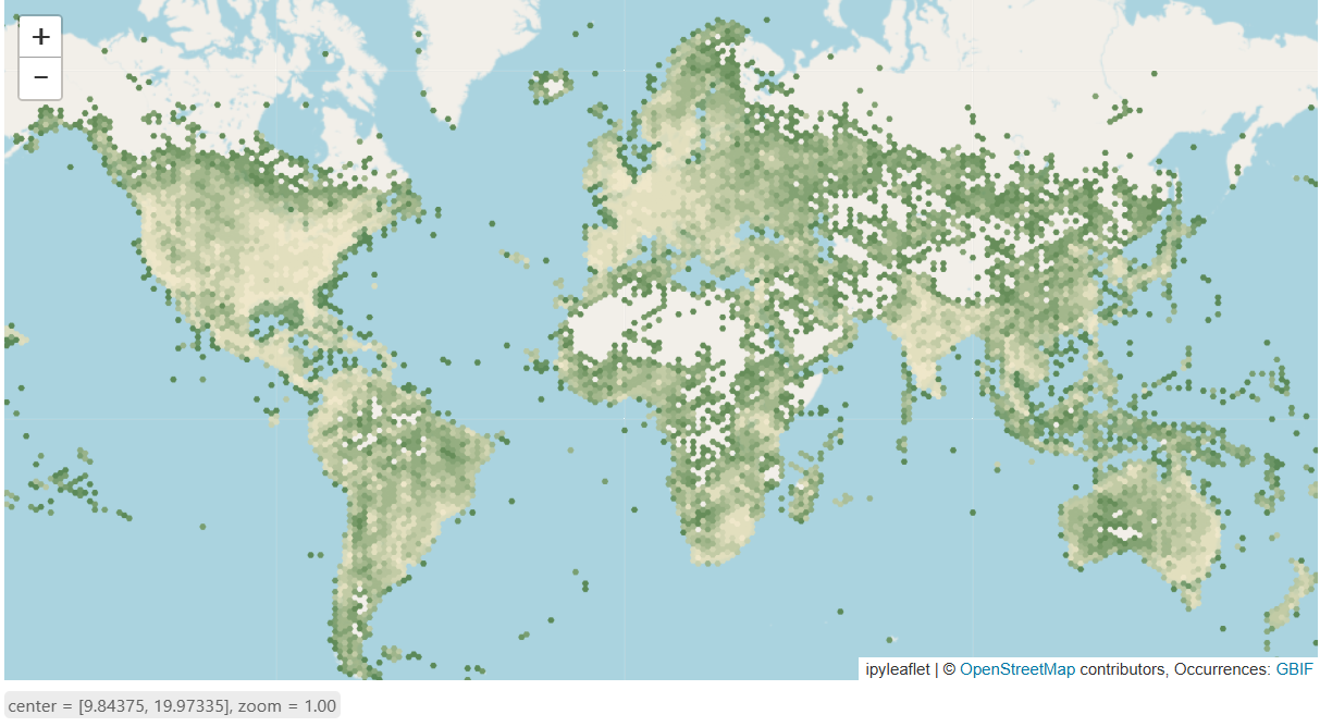 GBIF occurrence density for Ardeidae, worldwide